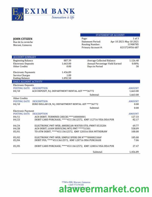 Comoros  Exim bank statement